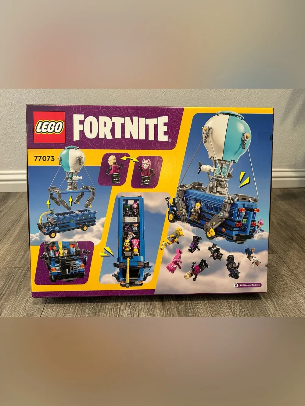 Lego Fortnite Blue Battle Bus with Teal Balloon and Yellow Accents